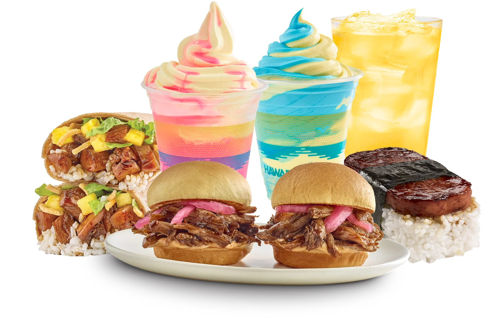 Hawaiian Bros menu spread featuring pulled pork sliders, rice wraps with pineapple, Spam musubi, colorful soft serve, and a tropical drink