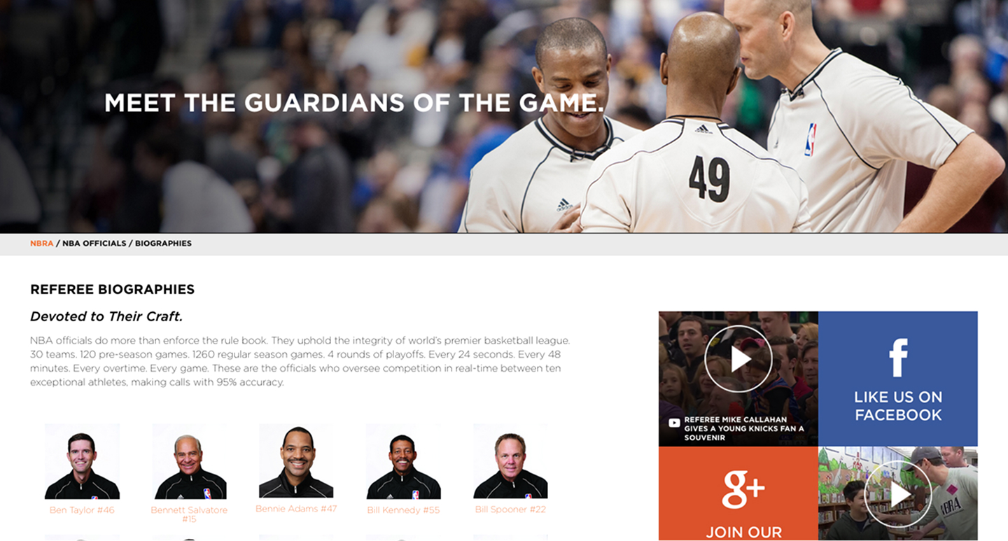 NBRA Referee Biographies page featuring NBA officials in uniform with the headline Meet the Guardians of the Game