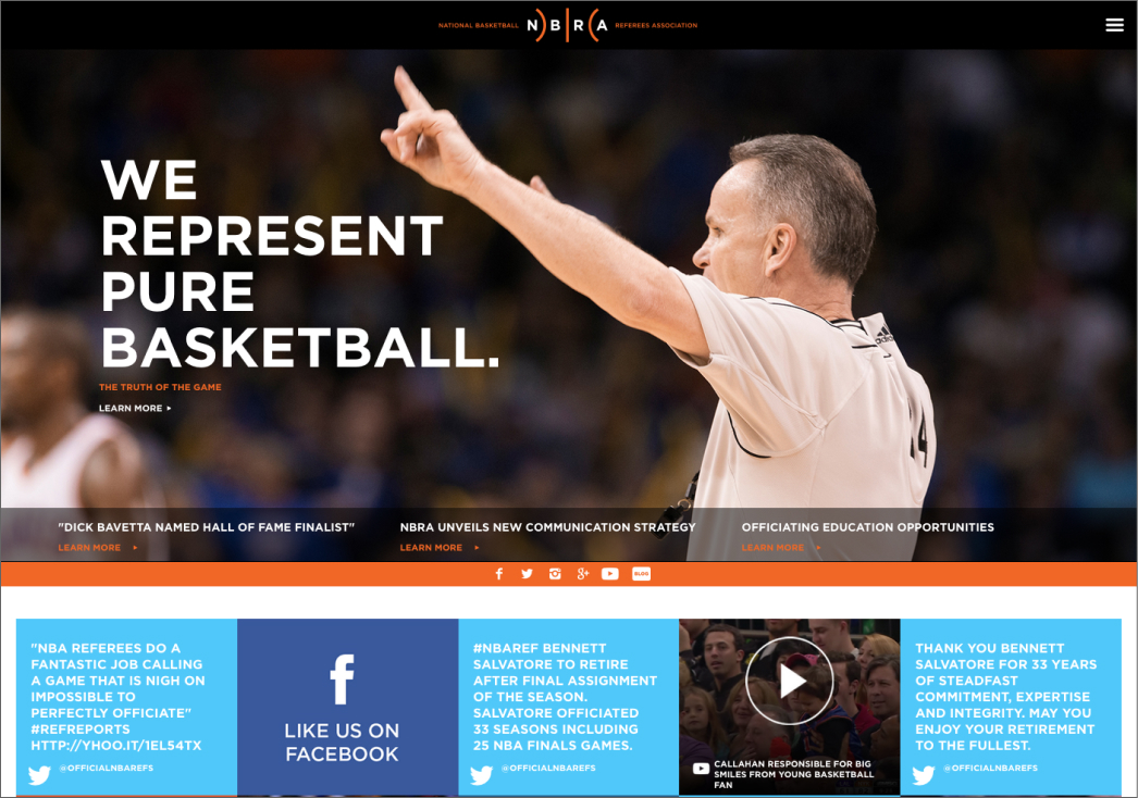 National Basketball Referees Association website homepage featuring an NBA referee signaling a call on the court