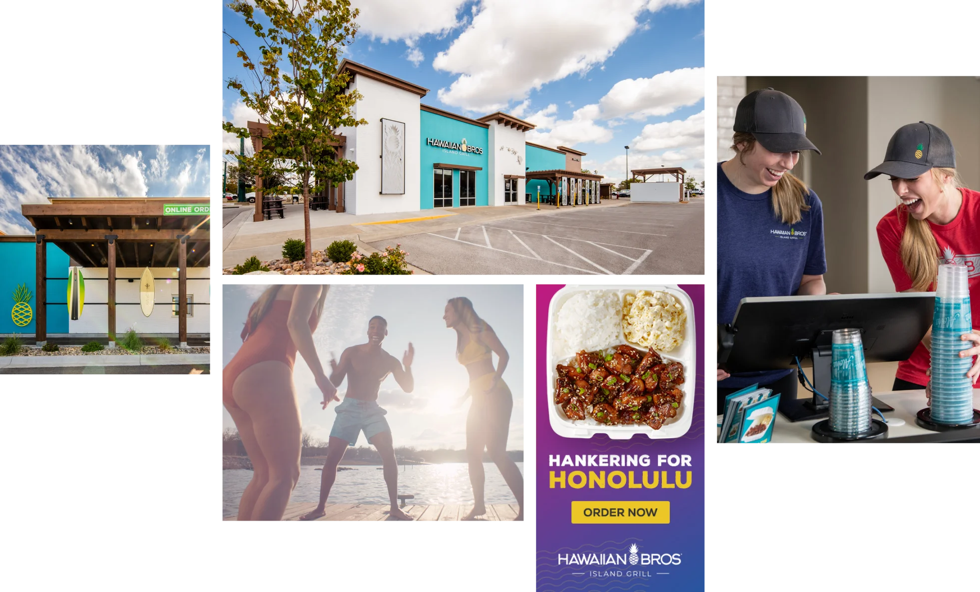 Hawaiian Bros brand collage featuring a restaurant storefront, team members at a register, an outdoor pickup area, people jumping on a dock, and a takeout plate ad with “Hankering for Honolulu.”