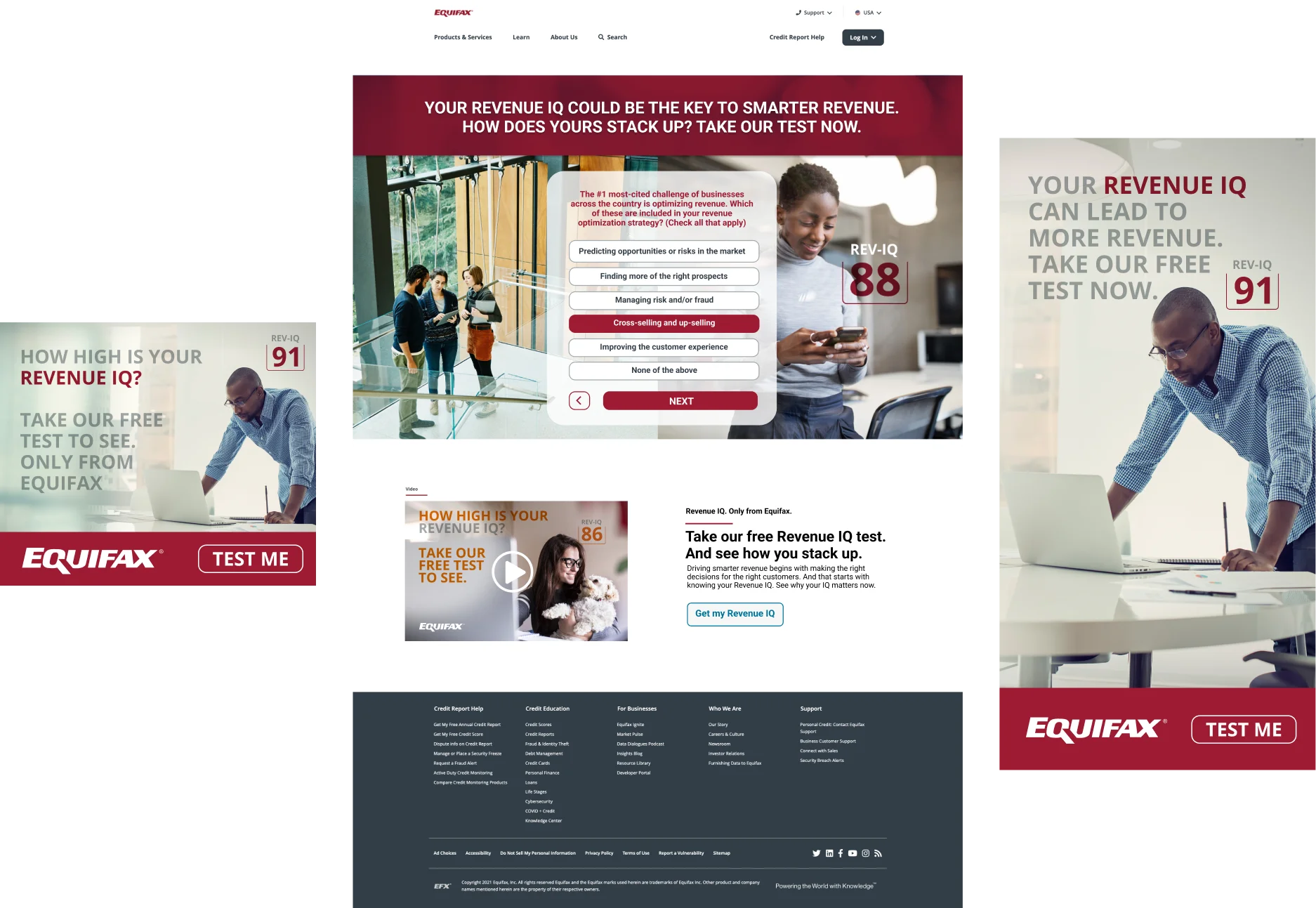 Equifax Revenue IQ campaign showing website and display ads promoting a free Revenue IQ test for businesses
