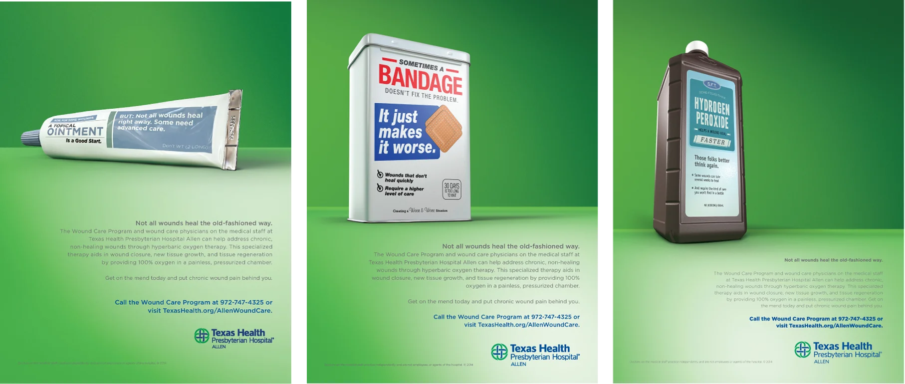 Three Texas Health Presbyterian Hospital Allen ads promoting the Wound Care Program, featuring ointment, bandage tin, and hydrogen peroxide with the message that not all wounds heal the old-fashioned way